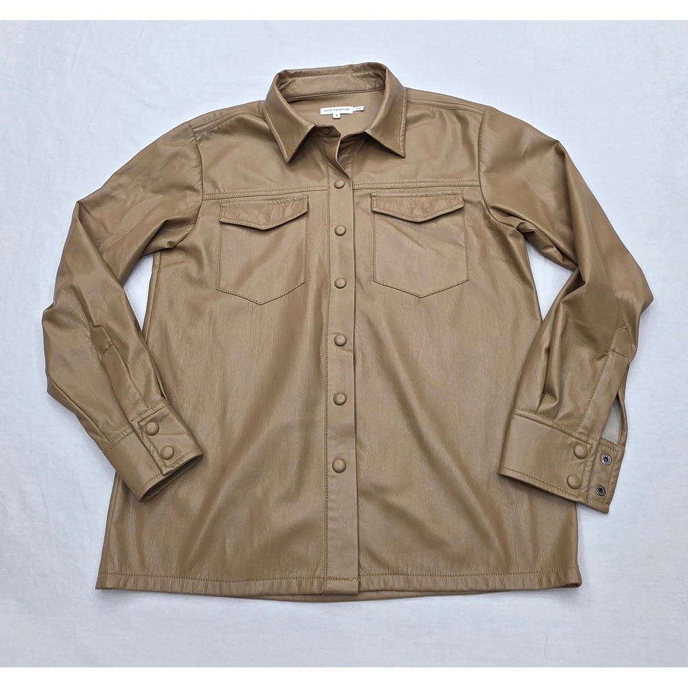 Good American Tan Faux Leather Button Down Shirt Jacket GLM070NA Women Size 2